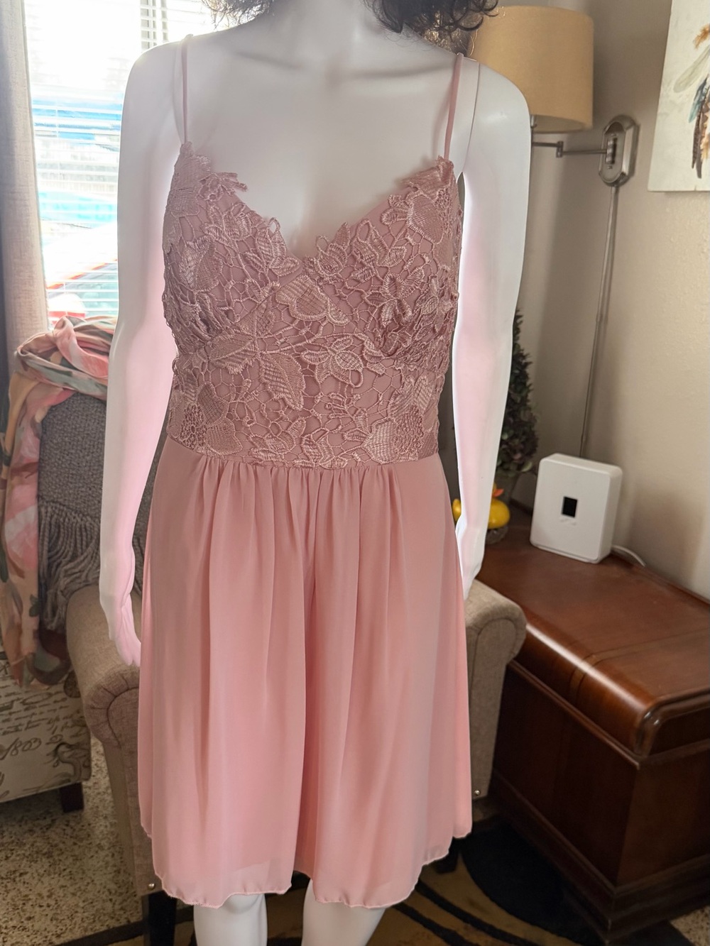 Dusty Rose Lace Bodice Spaghetti Strap Dress